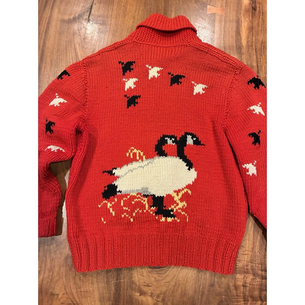 VINTAGE 50s Goose Cowichan 100% Wool Zip Cardigan Sweater Mary Maxim Red - Picture 2 of 16